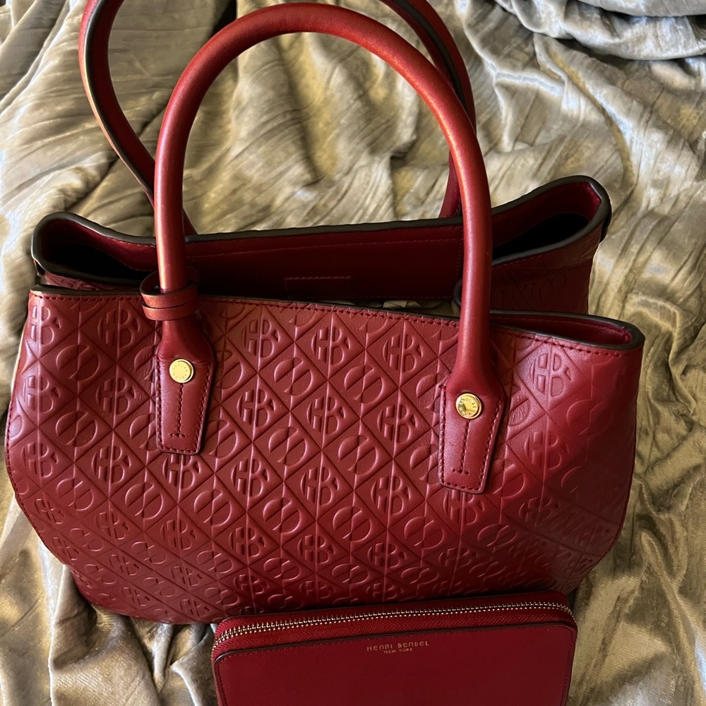henri bendel Deep Red Quilted Leather Satchel with Zip Pouch